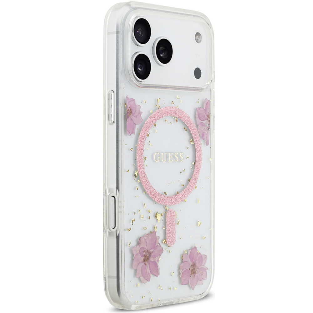 Etui Guess Resin Flowers Glitter MagSafe do iPhone 17 Pro Max, różowe z kwiecistym wzorem